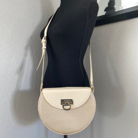 SPARTINA 449 Leather Round Crossbody Bag Purse Cream & Gold - Picture 2 of 15